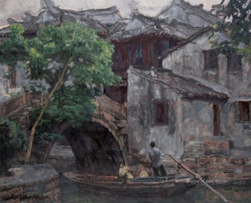 Ciudad ribereña del sur de China 2002 Paisaje chino de Shanshui Pinturas al óleo